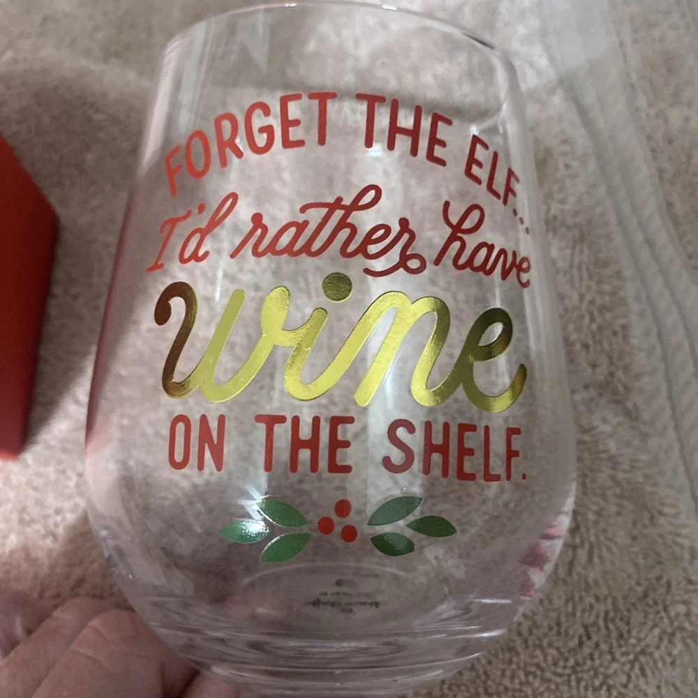 Festive Funny Hallmark Forget‎ The Elf Christmas stemless Wine Glass Tumbler NIB
